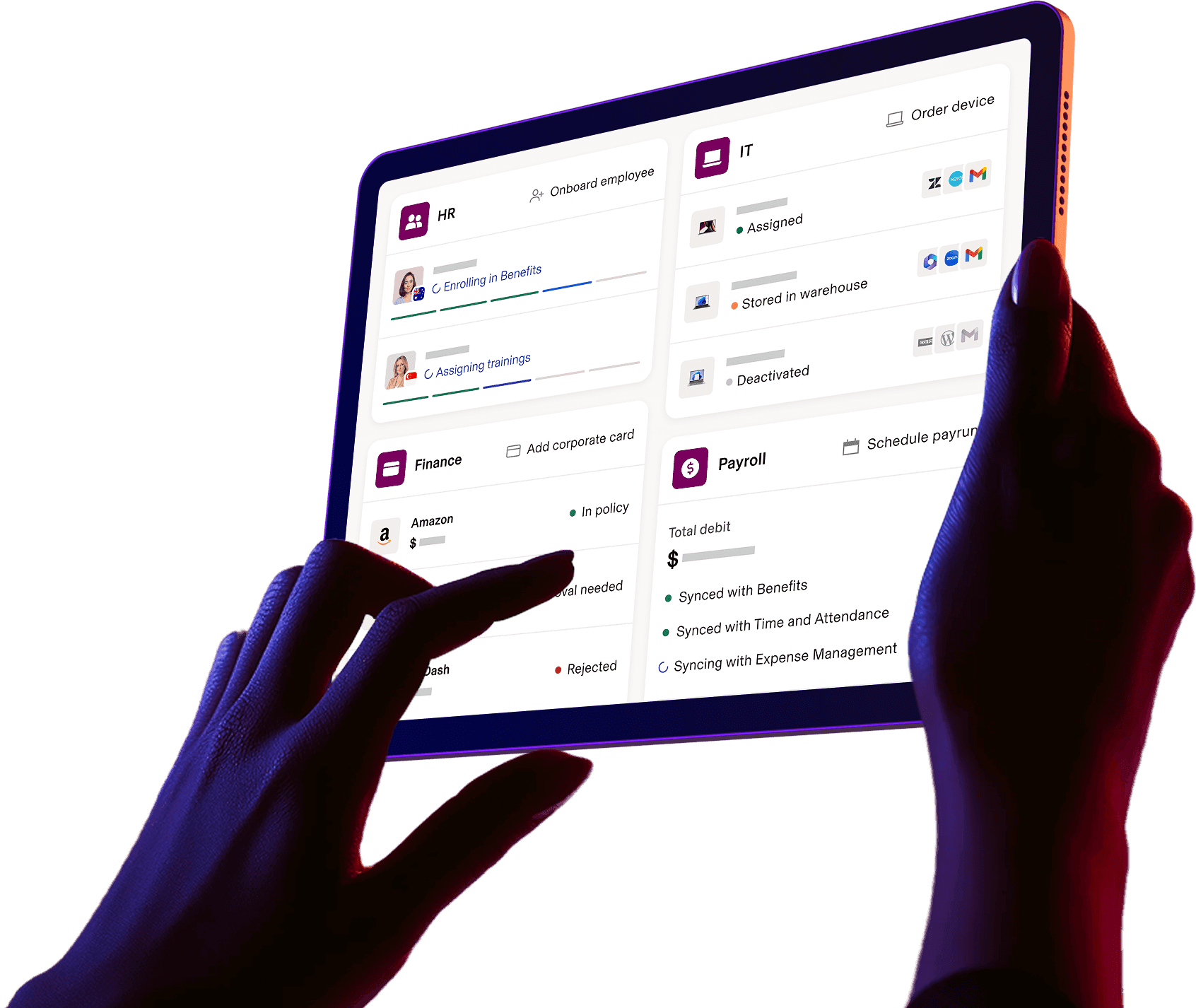 Photograph of a pair of hands holding a tablet displaying a Rippling dashboard with sections for the HR, IT, Finance, and Payroll apps