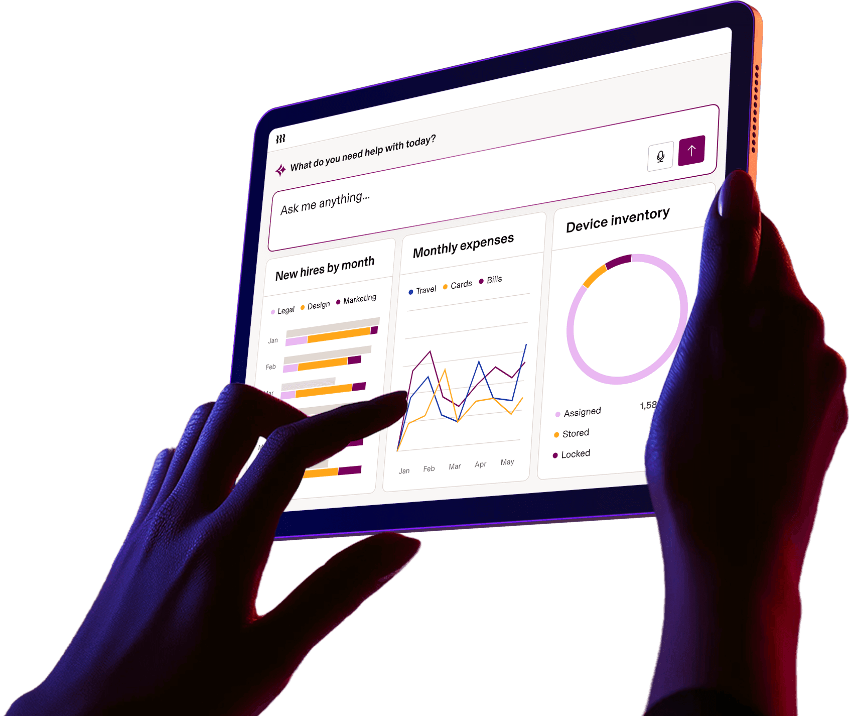 Photograph of a pair of hands holding a tablet displaying a Rippling dashboard with sections for the HR, IT, Finance, and Payroll apps