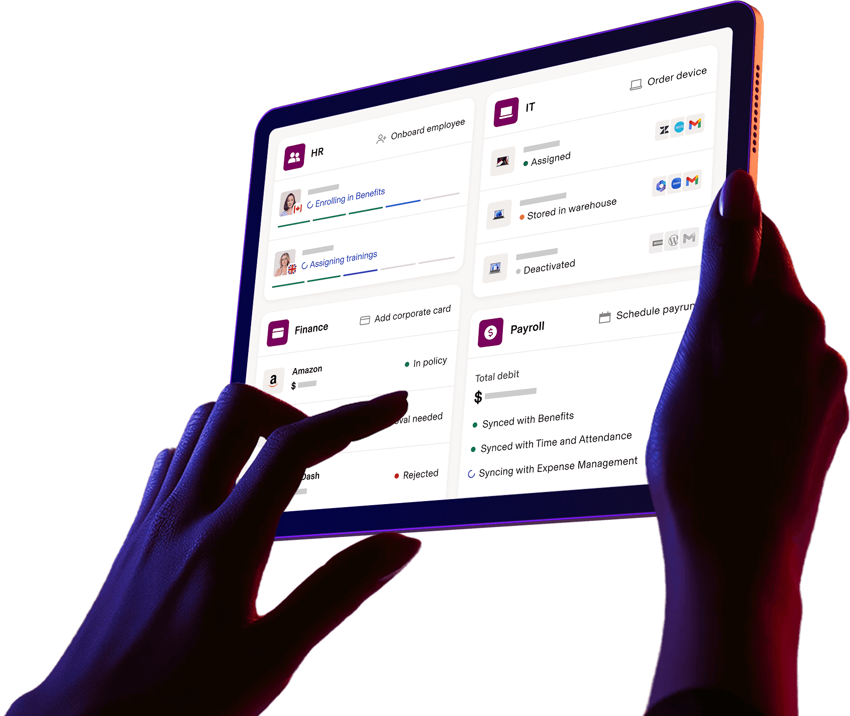 Photograph of a pair of hands holding a tablet displaying a Rippling dashboard with sections for the HR, IT, Finance, and Payroll apps