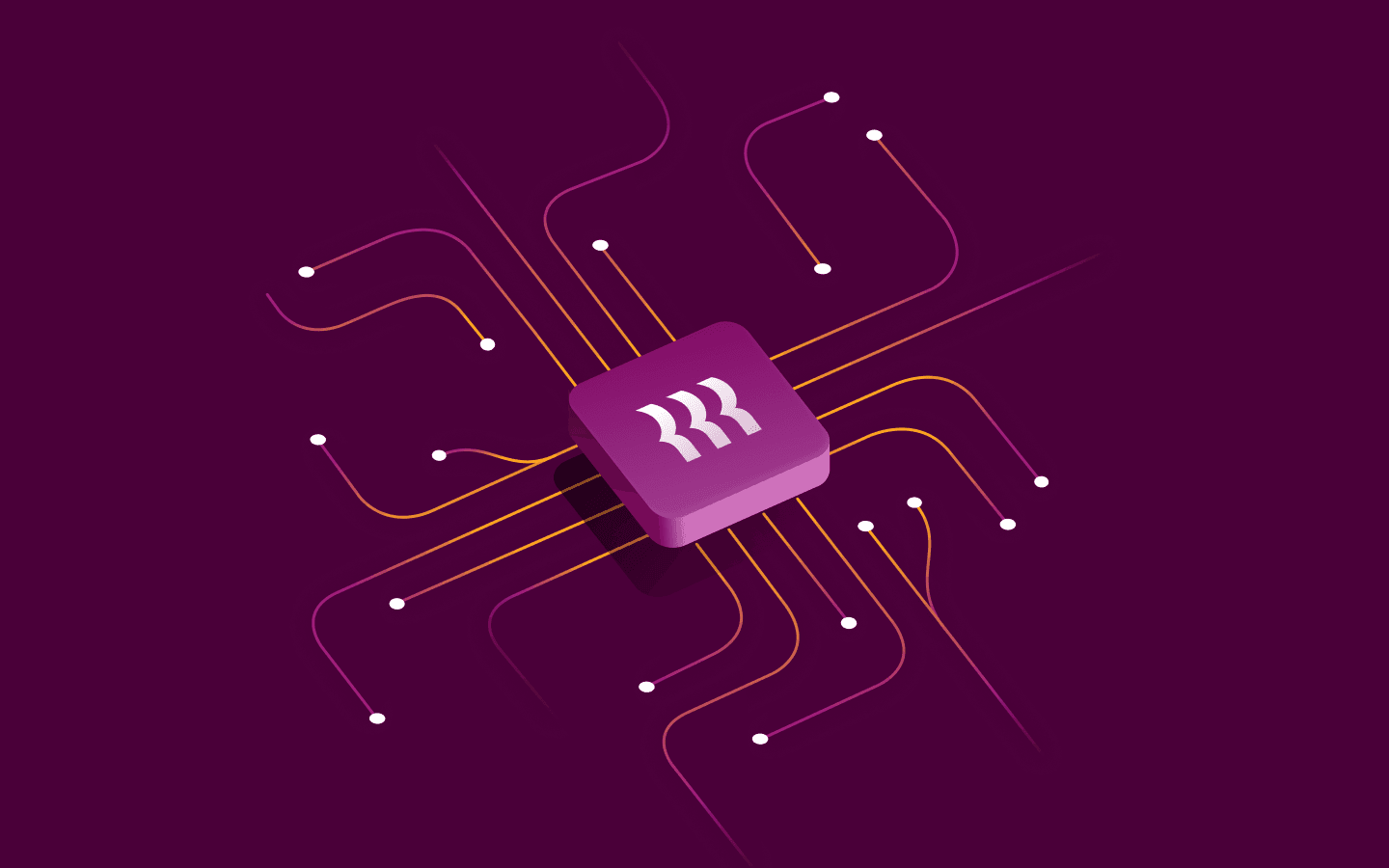 Illustration of a central chip with the Rippling logo, connected by circuit-like lines radiating outward