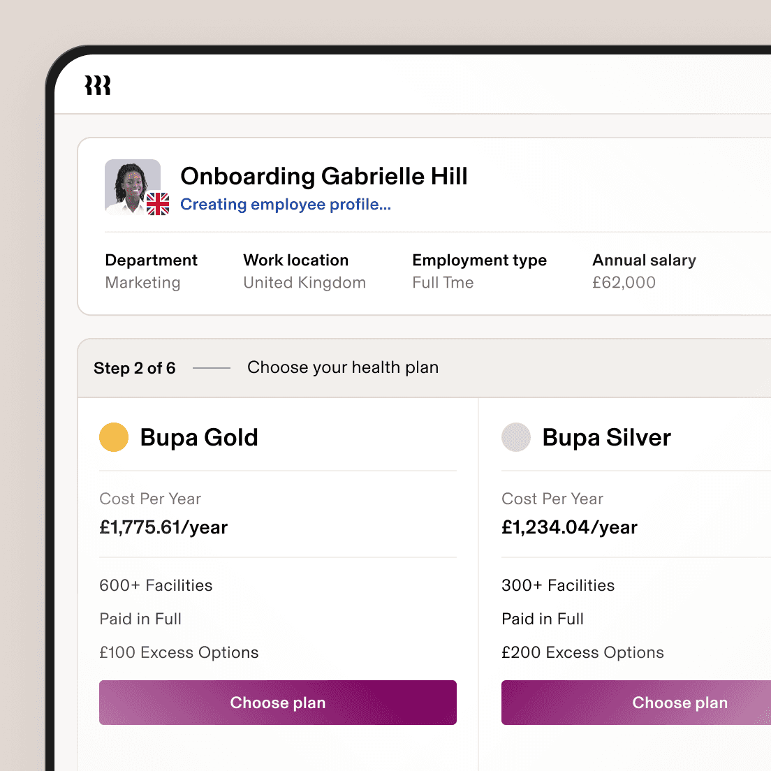 Rippling screenshot on a tablet showing a screen titled Onboarding Gabrielle Hill with text that says “Creating employee profile…” and “Step 2 of 6 – Choose Your Health Plan” with two options: Bupa Gold and Bupa Silver