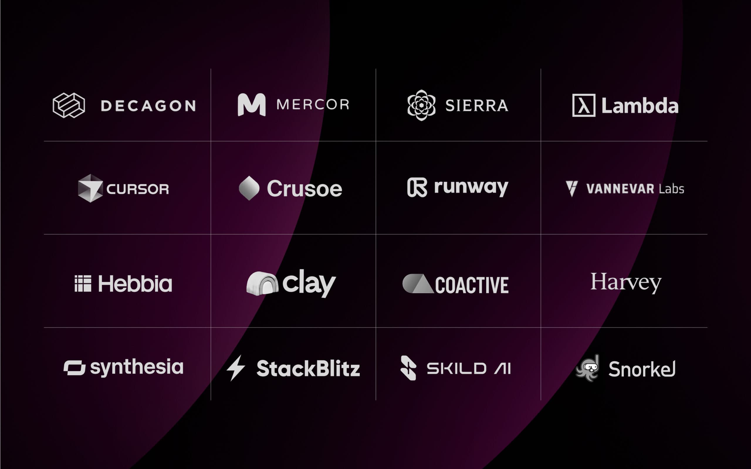A grid of 16 start-up logos