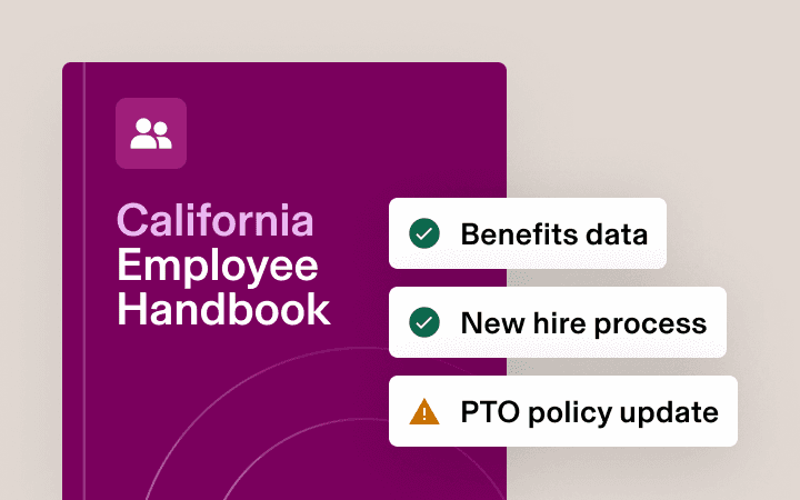 Cover of a “California employee handbook” in dark plum with an icon of a house. To the right, there are three labelled checklists: “Benefits data” and “New recruit process” with green ticks, and “PTO policy update” with an orange warning icon.