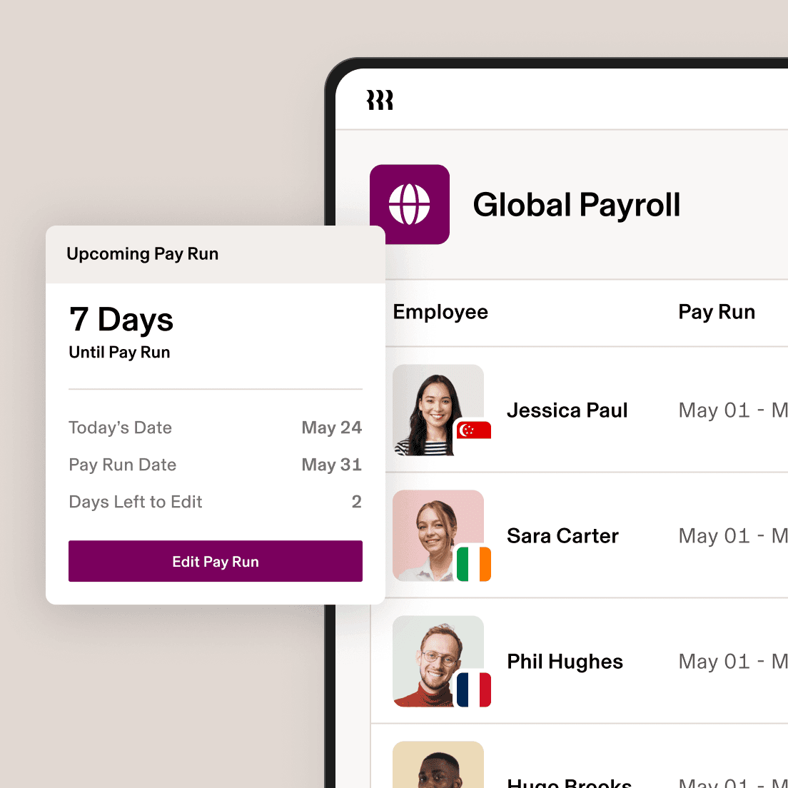 Dashboard van internationale salarisadministratie met een planning van de aankomende salarisrun in mei, inclusief een teller met het aantal dagen tot de verwerking.