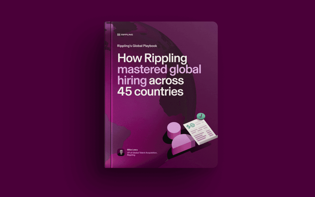 Graphic illustration of an eBook titled "How Rippling mastered global hiring across 45 countries" with abstract shapes and document icon