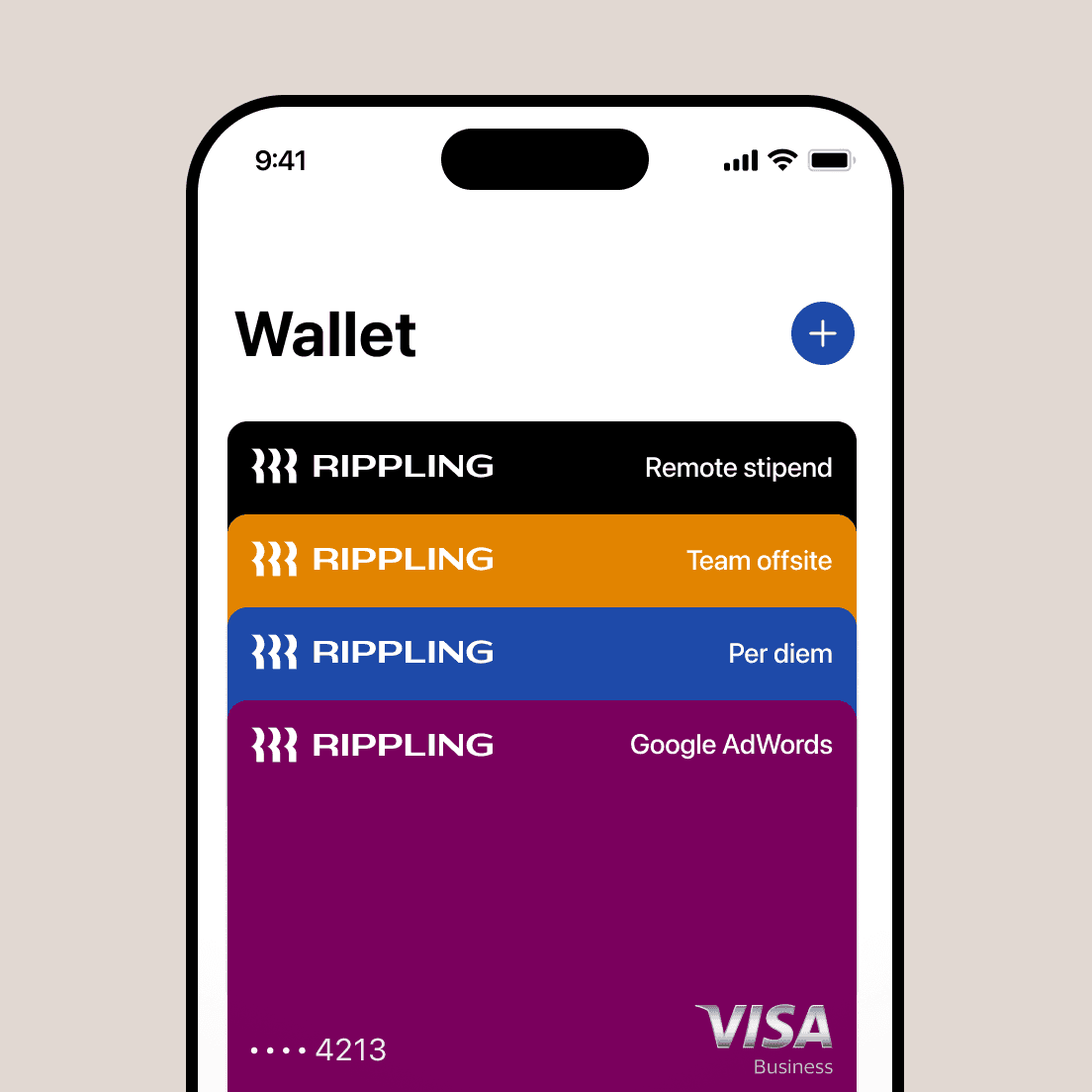 A smartphone displays the Wallet app showing four Rippling corporate cards: Remote stipend, Team offsite, Per diem, and Google AdWords.