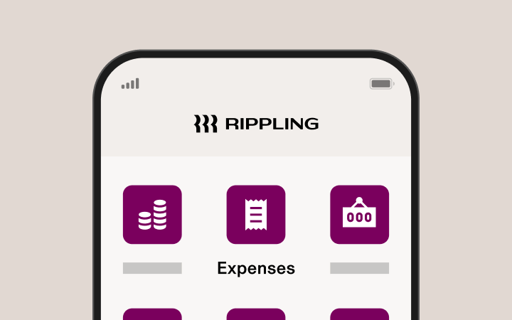 Smartphone displaying Rippling app interface with purple icons and "Expenses" app tile