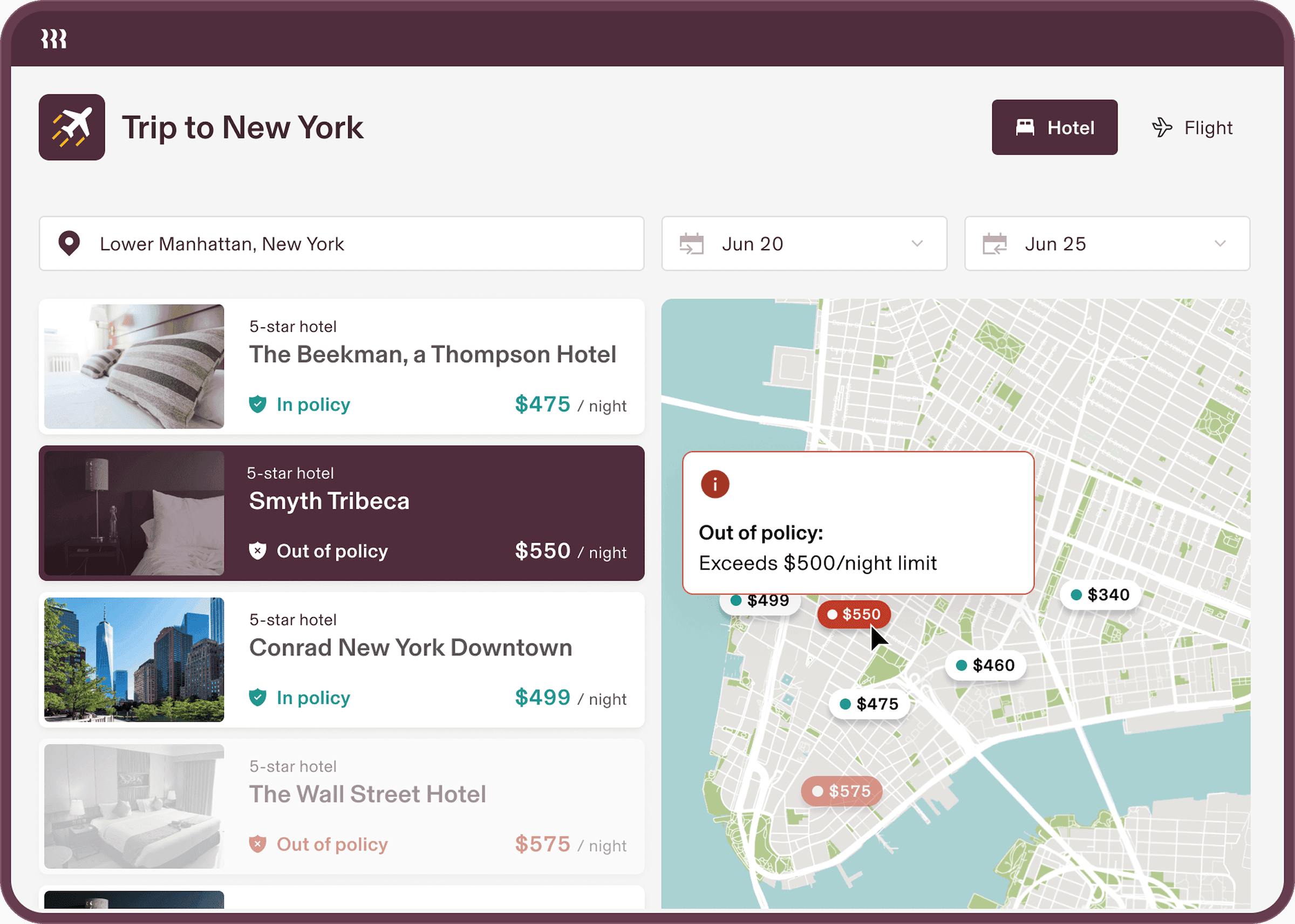 UI in a tablet device showing Rippling Travel's hotel booking process