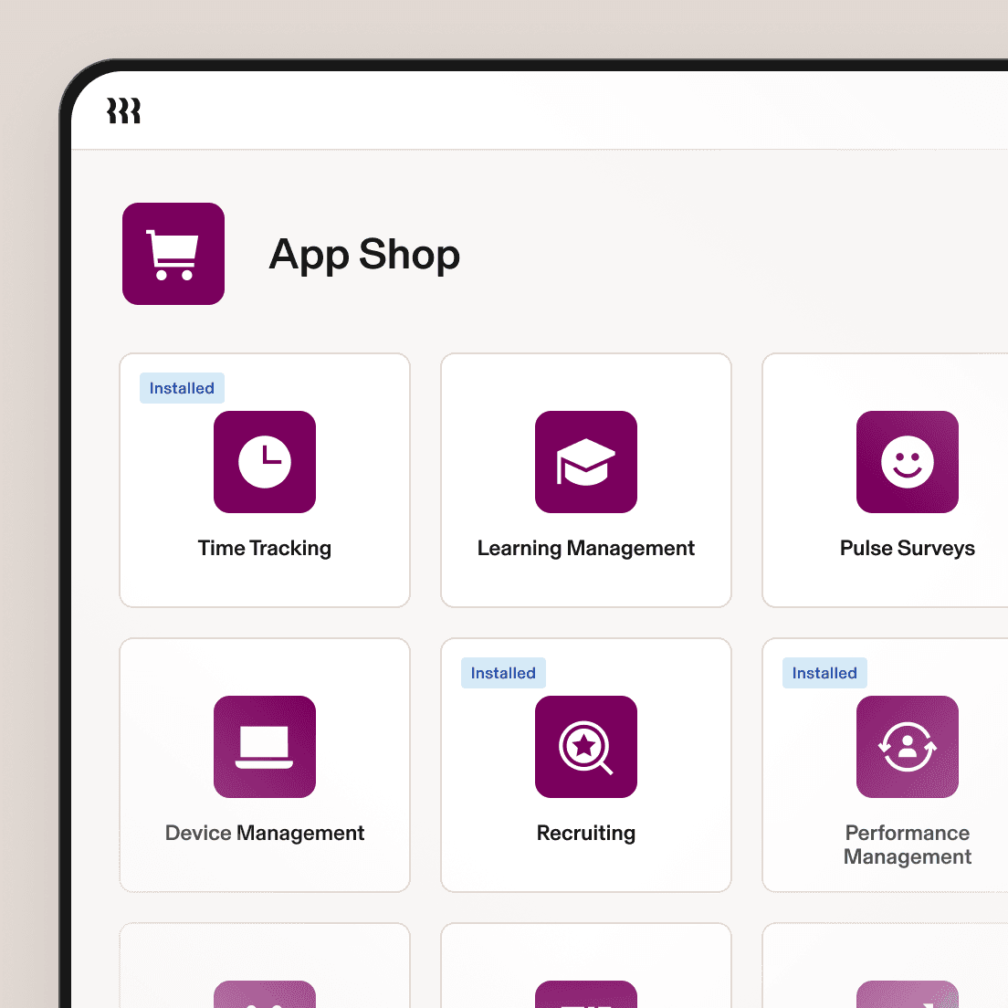 App Shop-interface met HR-apps zoals tijdregistratie, opleidingsbeheer en werving & selectie, weergegeven met paarse pictogrammen.