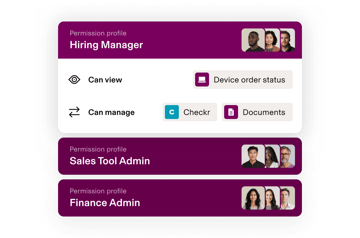 Permissions profiles interface showing Hiring Manager, Sales Tool Admin and Finance Admin roles with their access privileges.