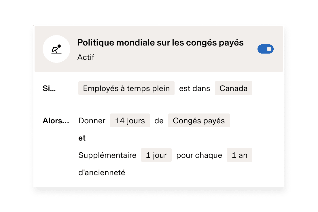Politique mondiale en matière de congés payés prévoyant 14 jours de congés rémunérés pour les employés américains à temps plein, plus un jour supplémentaire par année de durée d’emploi.