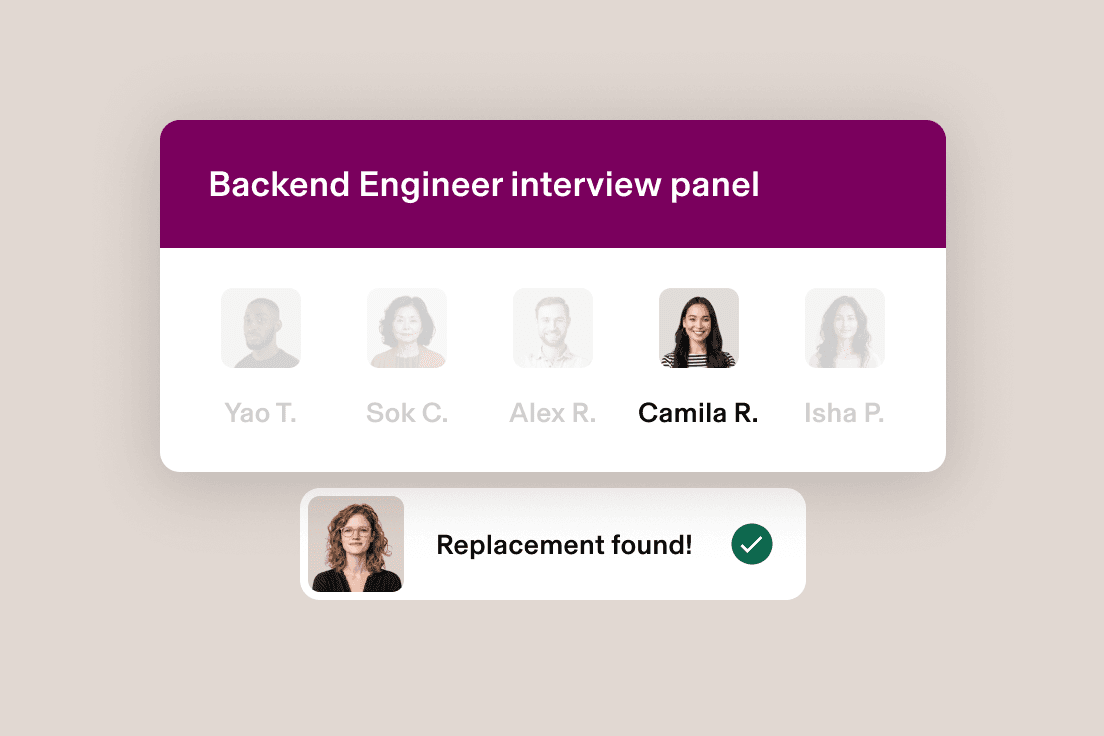 Interview management interface showing notification that Camila is out of office and a loading status for finding a replacement.