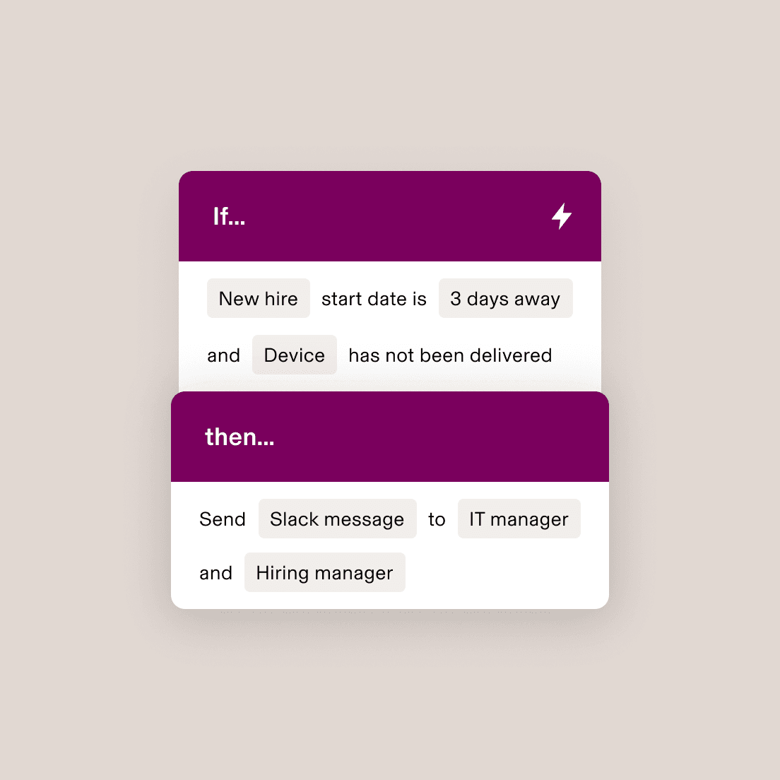 Automation workflow showing if new recruit starts in 3 days without device delivery, then send Slack message to IT and hiring managers.