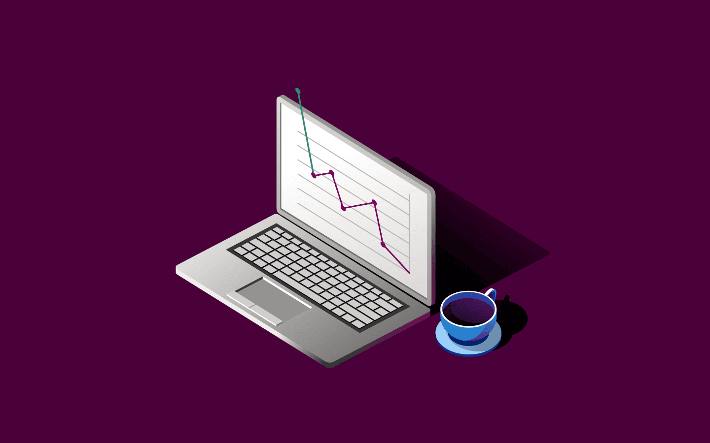 Isometric laptop displaying a downward trending graph with purple line against dark purple background, blue coffee cup nearby.