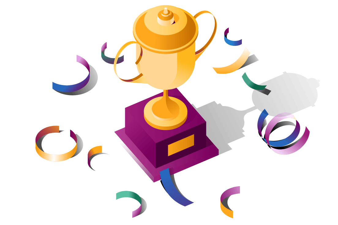 Golden trophy cup on purple pedestal surrounded by colourful confetti ribbons in a celebratory illustration.