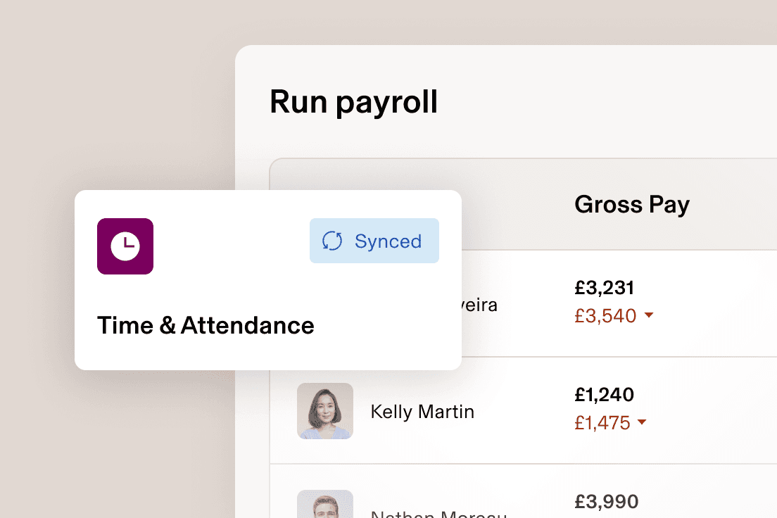Payroll management interface showing “Run payroll” screen with Time & Attendance module, synced status and employee gross pay amounts.