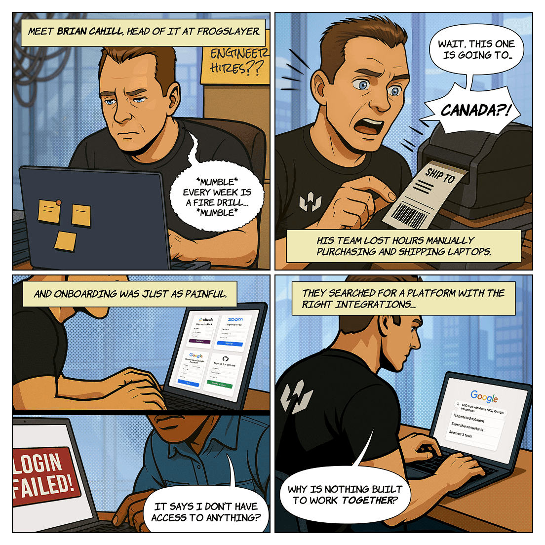 Five-panel comic featuring Brian Cahill, Head of IT at Frogslayer, illustrating his struggles before Rippling with manually purchasing and shipping laptops and providing provisioning and access during onboarding