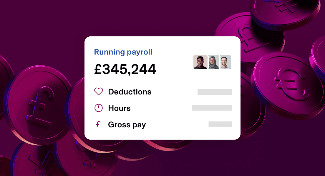 Payroll dashboard showing $345,244 running total with deductions, hours and gross pay options against a dark purple background.