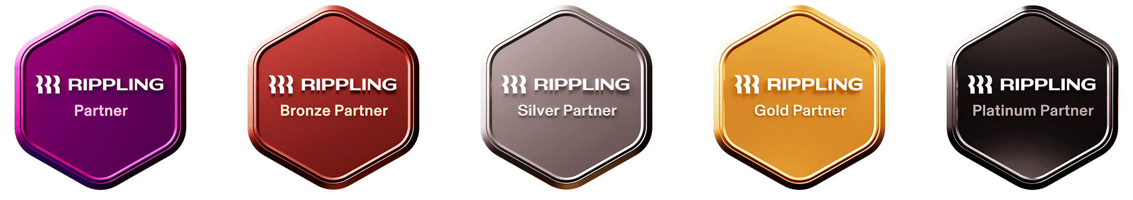 Five hexagonal Rippling partnership badges in different metallic colours: purple, bronze, silver, gold and platinum.