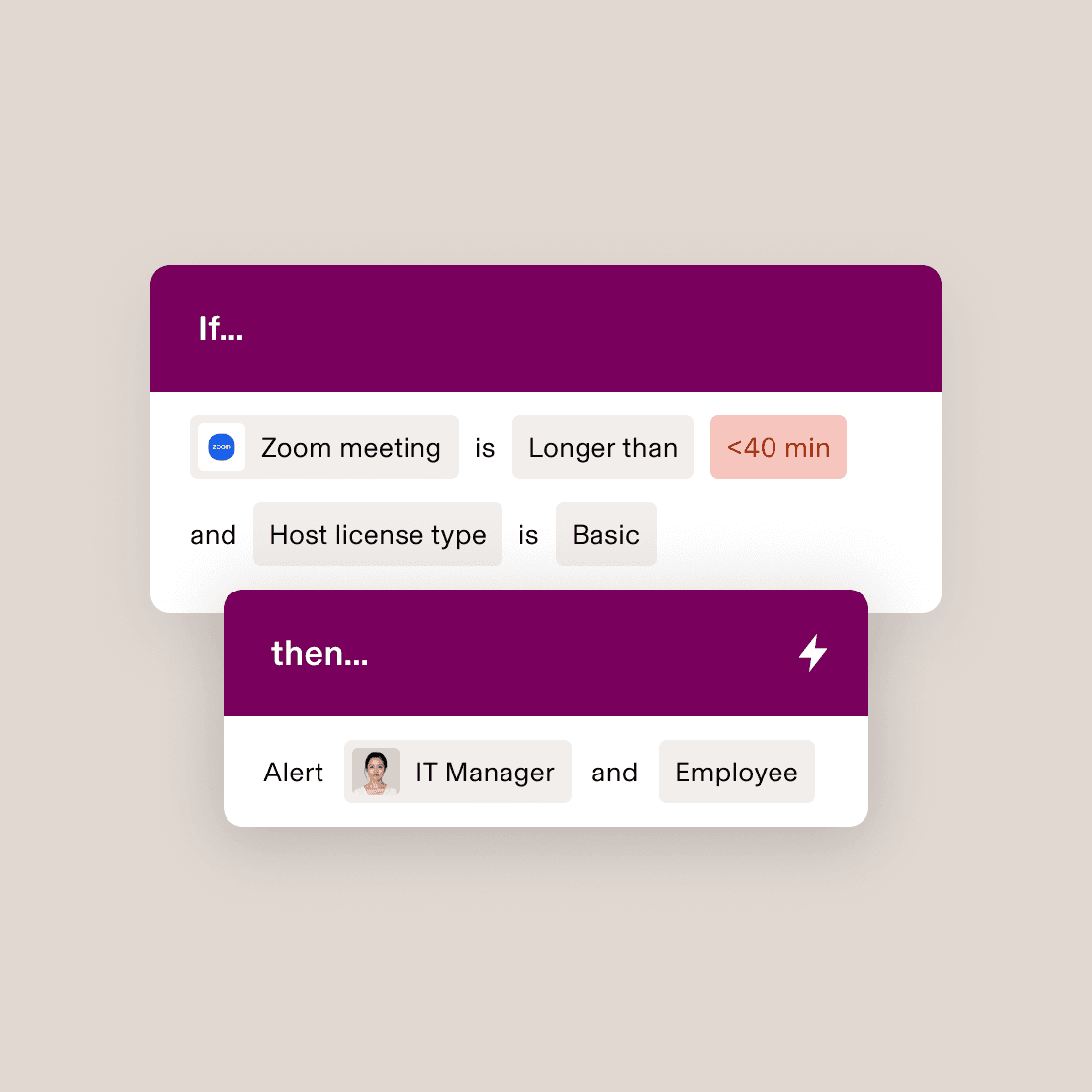 Automation workflow showing if Zoom meeting is longer than 40 min with Basic licence, then alert IT Manager and Employee.