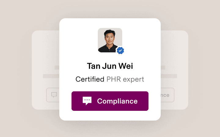 Profile card showing a photo of a person with a verification badge. Below the photo, it reads “Tan Jun Wei”, “Certified PHR expert” and a button labelled “Compliance”.