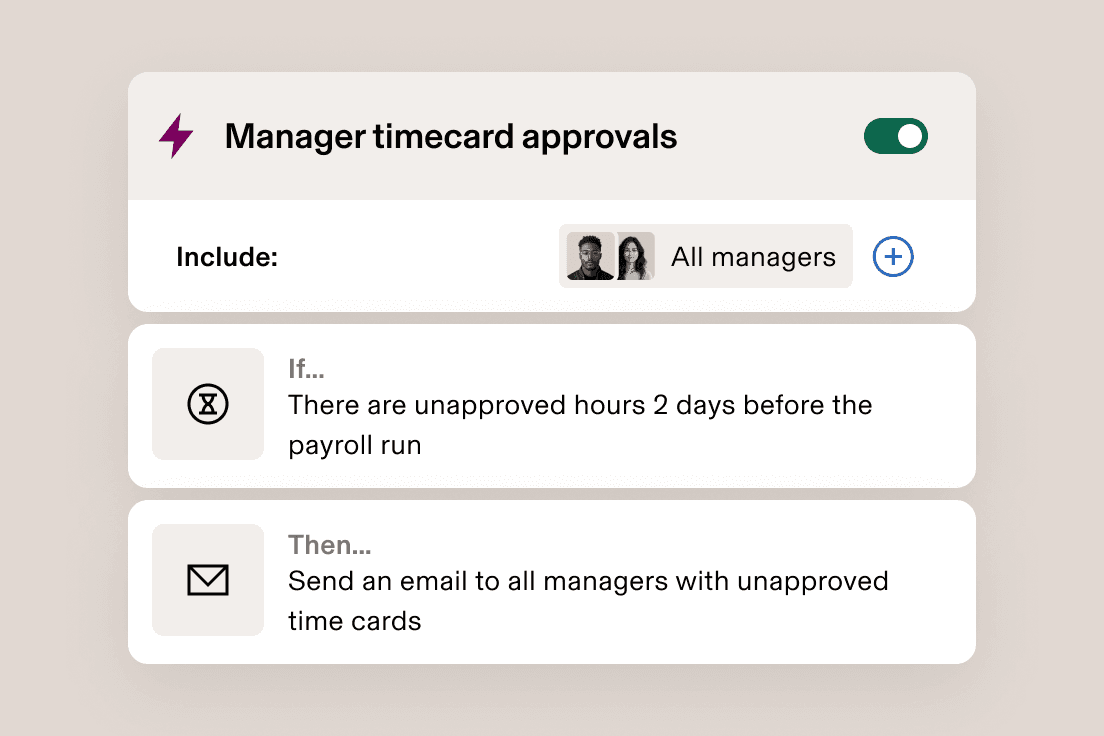 Illustration of an automation rule in Rippling titled “Manager timecard approvals”