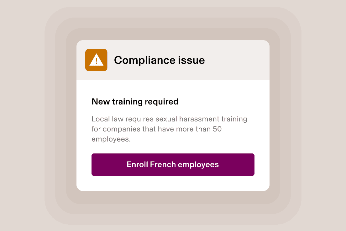 Nalevingsmelding over verplichte training inzake seksuele intimidatie voor Franse medewerkers, inclusief inschrijfknop.
