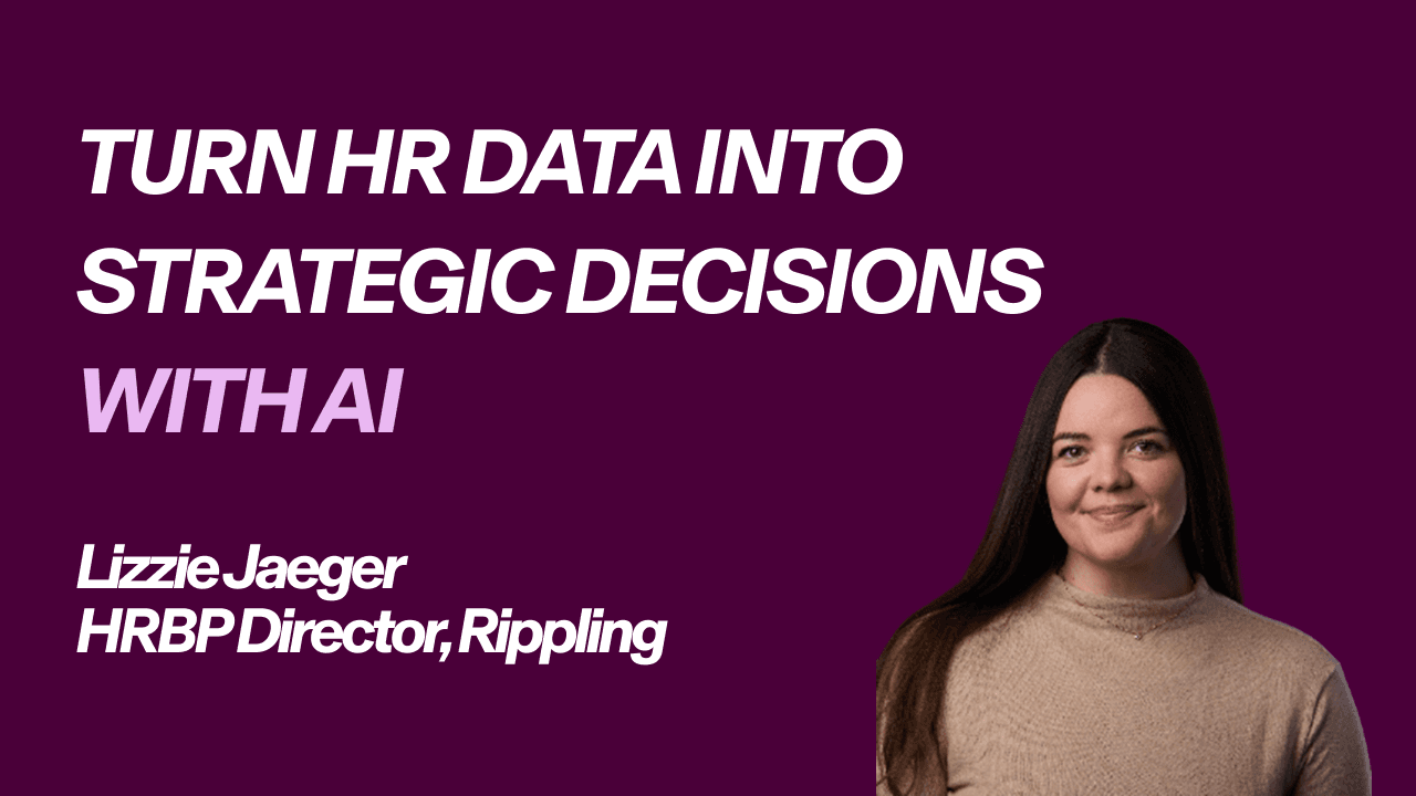 Lizzie Jaeger, HRBP Director at Rippling, smiling on a purple background with text about turning HR data into strategic decisions with AI.