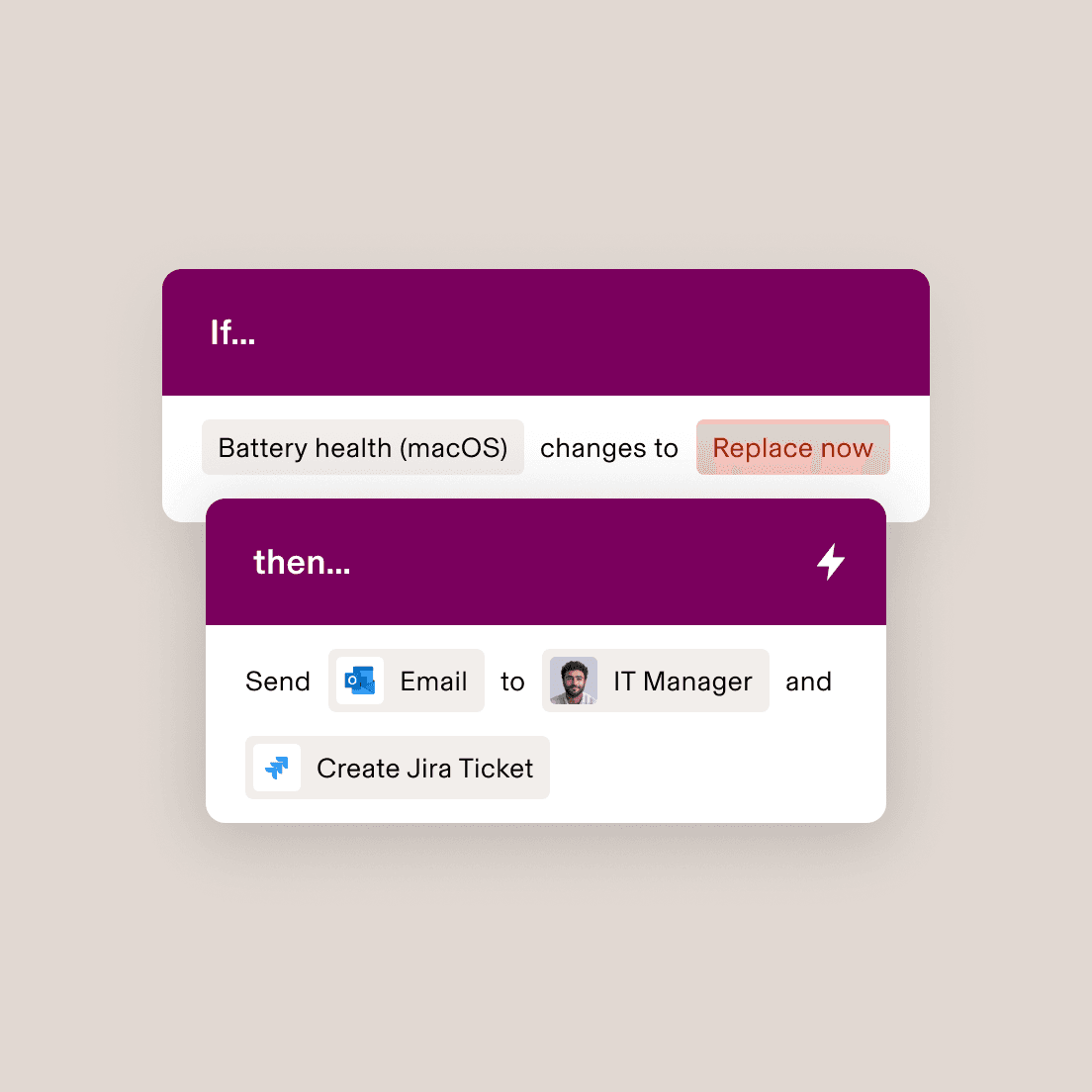 Automation workflow showing if battery health changes to “Replace now”, then email IT Manager and create Jira ticket.