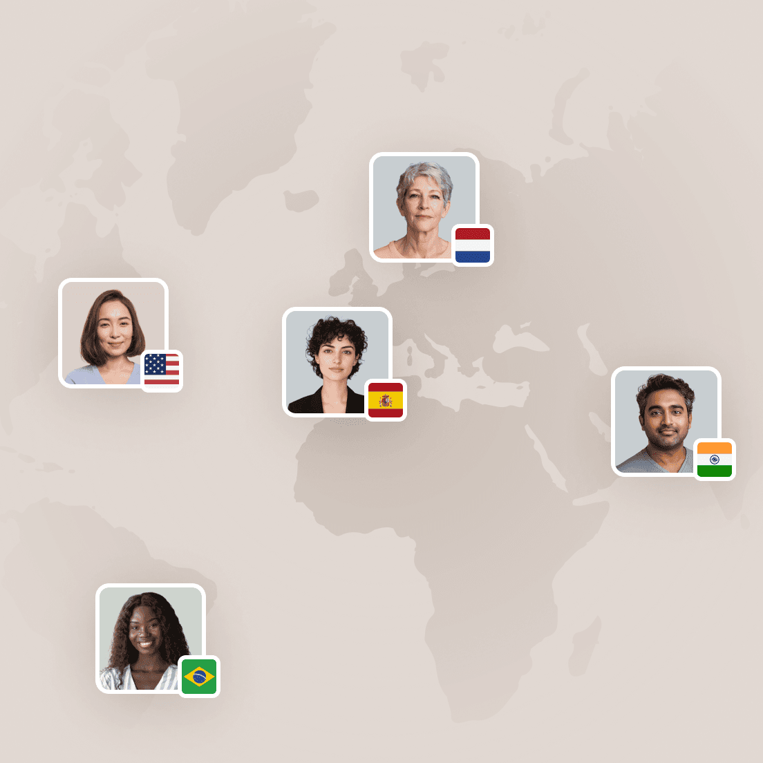 Profile photos with country flags from USA, Netherlands, Spain, India and Brazil positioned on a world map background.