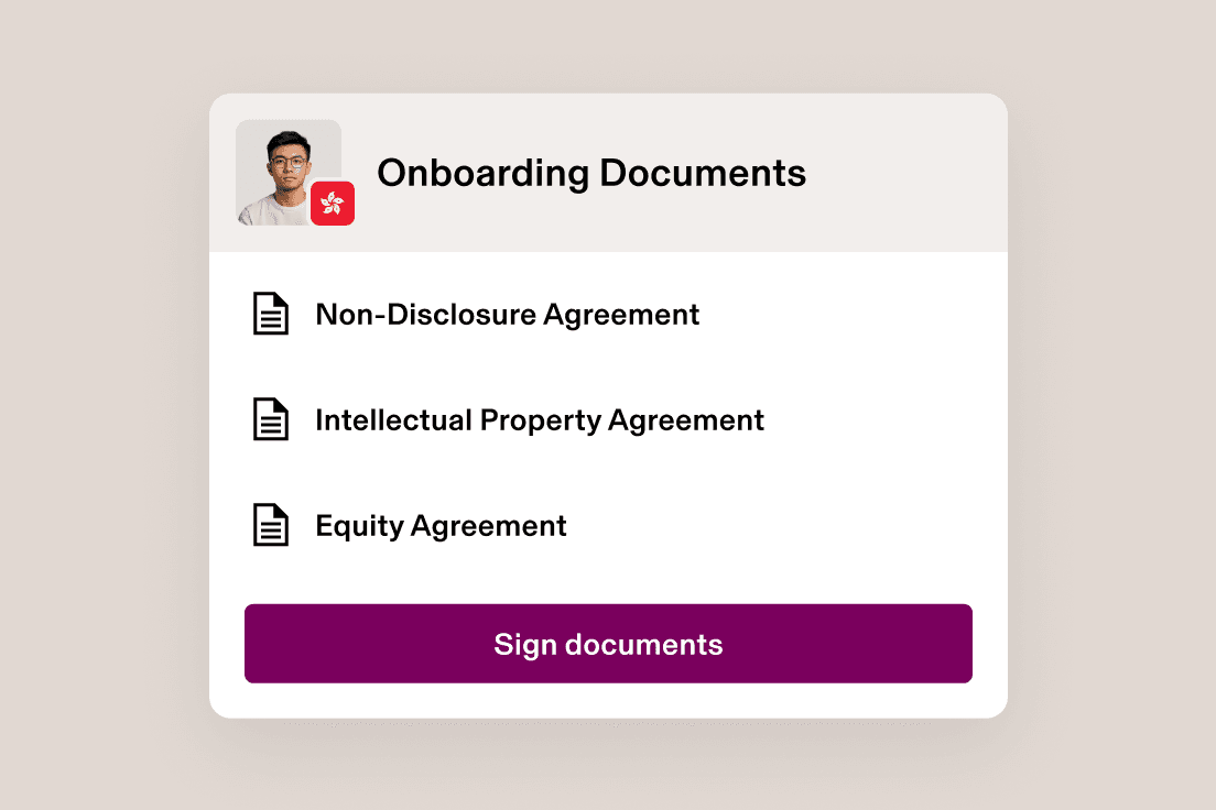 Onboarding documents interface showing three agreement types with a profile photo and yellow “Sign Documents” button.