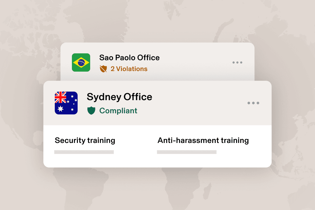 Compliance dashboard showing Sao Paulo with 2 violations and San Francisco marked compliant, with training options below.