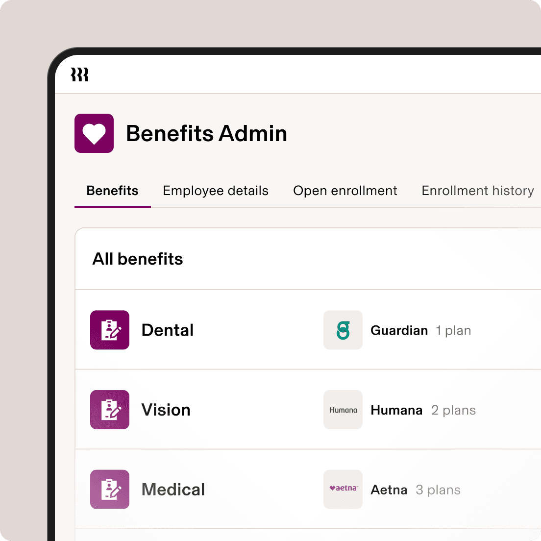 Screenshot of Benefits Admin screen in Rippling showing Dental, Vision and Medical elections