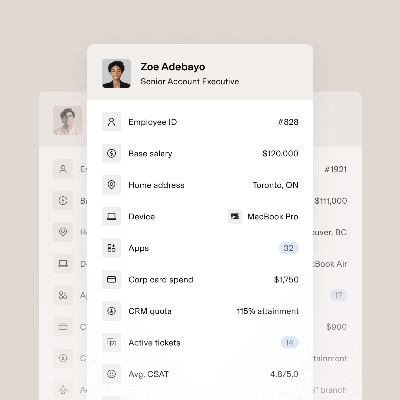 Employee photo with a list of business data including employee ID, base salary, assigned device, active tickets, and average CSAT score