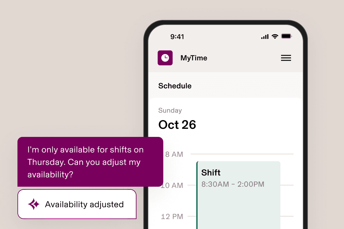 Mobile scheduling app interface in Rippling showing a worker requesting a shift availability change, with a confirmation message that availability has been adjusted