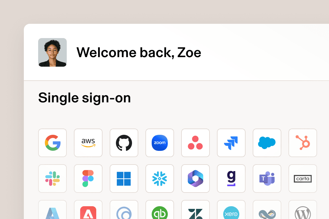Single Sign-on dashboard with welcome message and grid of app icons including Google, AWS, GitHub, Zoom and others.