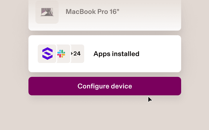 Device management interface showing MacBook Pro 16" with apps installed and a purple “Configure device” button below.