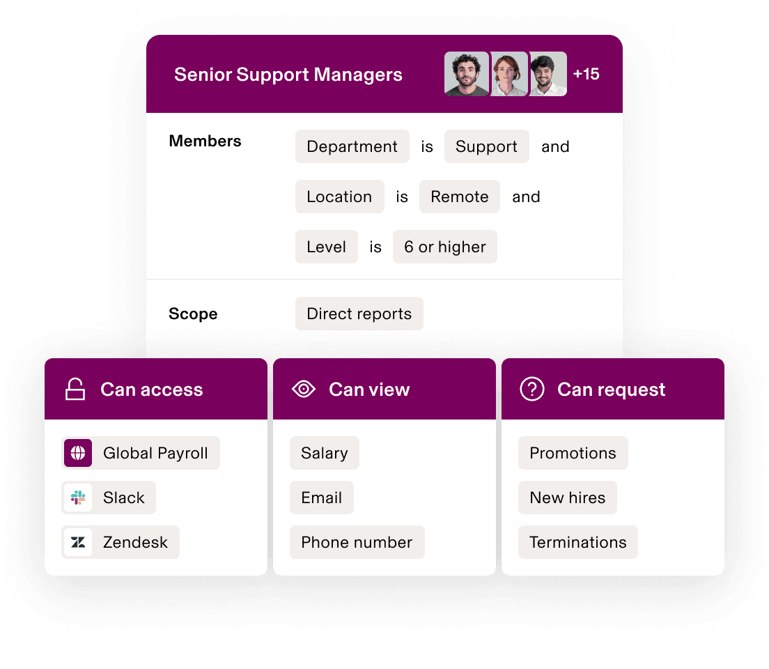 Dashboard showing Senior Support Managers permissions with access to payroll, view salary and request promotions for remote team members.