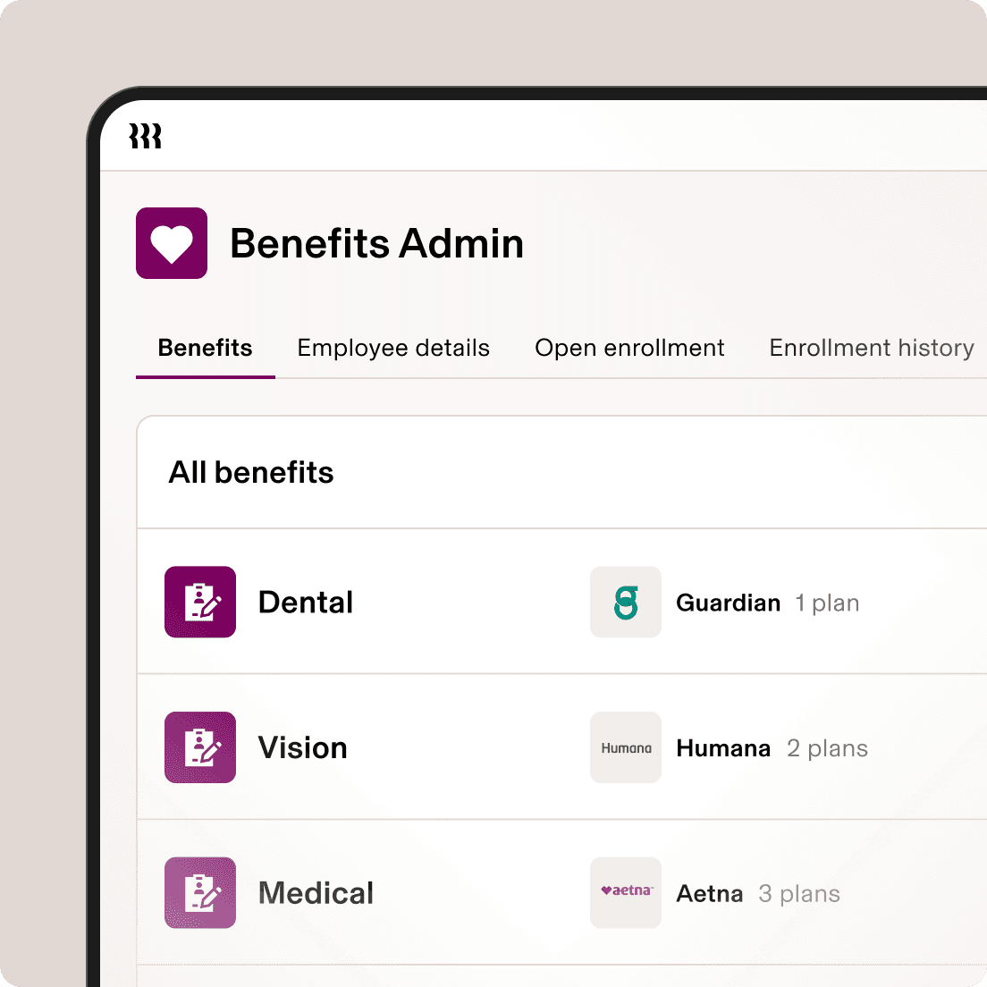 Benefits Admin dashboard showing medical, dental, vision, and life insurance options with Aetna, Guardian, Humana, and MetLife providers.