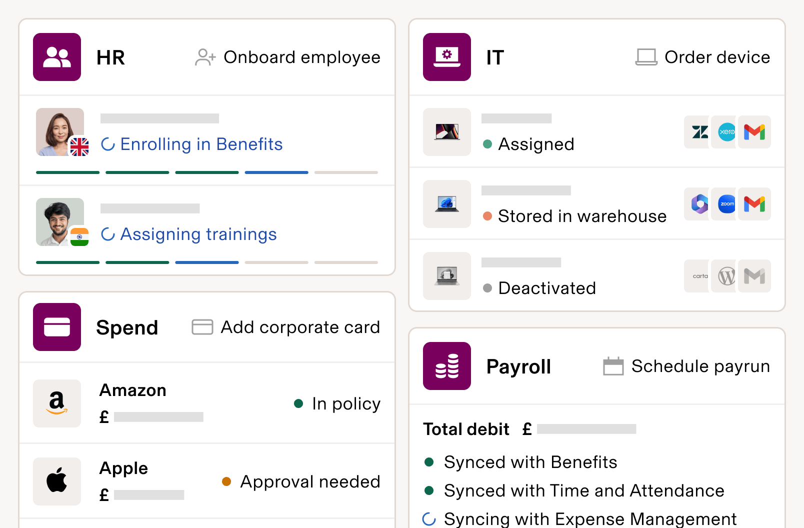 UI image showing the Rippling dashboard with screens from the Rippling HR, IT, Spend and Payroll products