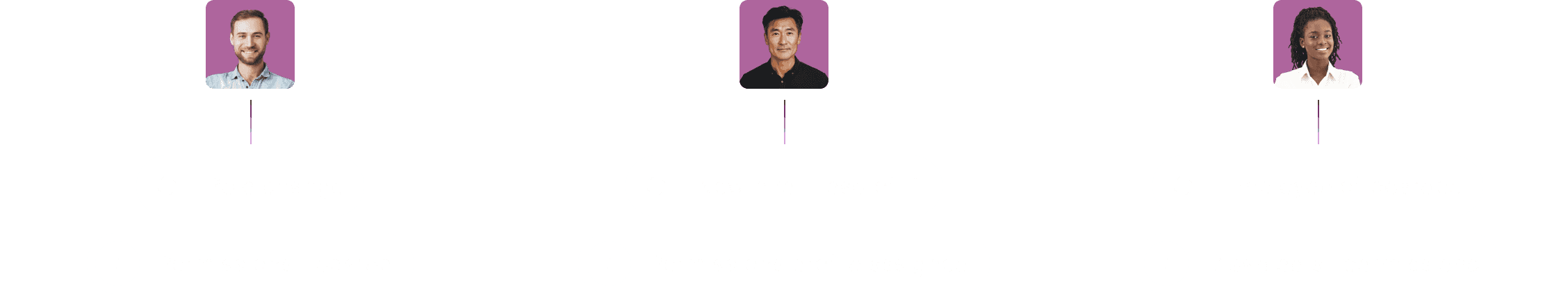 Three professional headshots arranged horizontally against purple backgrounds, connected by vertical lines in an organisational chart.