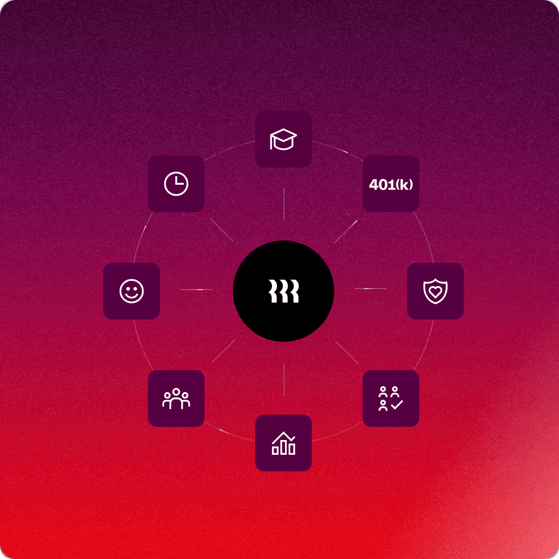 Graphic illustration of a circle of app icons — including icons depicting a graduation cap, a shield, an increasing bar chart, a smiley face, and a clock — around the Rippling logo