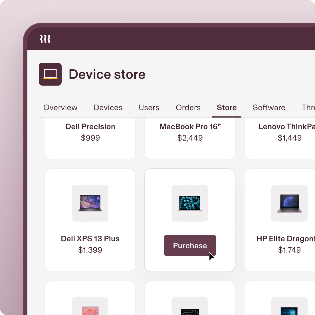 Rippling Device store displaying a list of laptops to purchase.