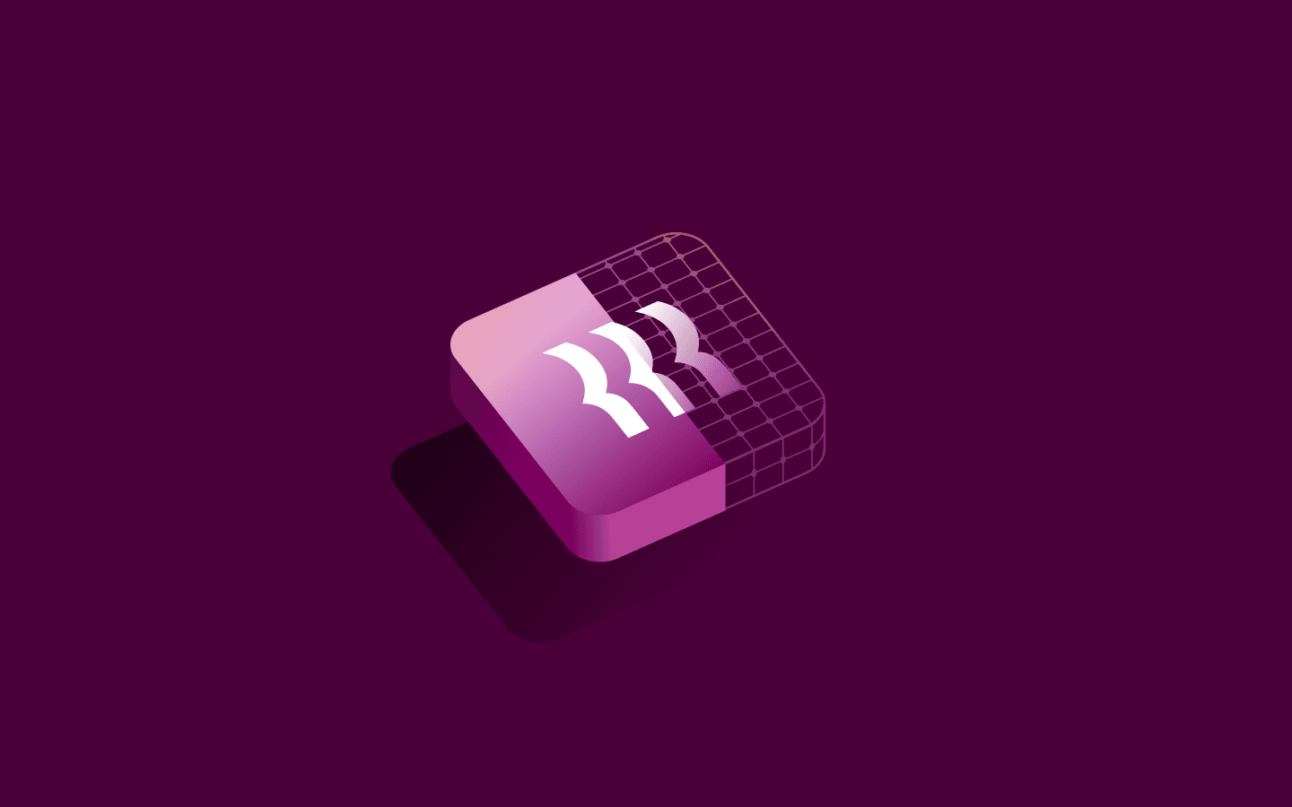 3D pink gradient cube with white wave logo on a deep purple background, featuring wireframe design on one side.