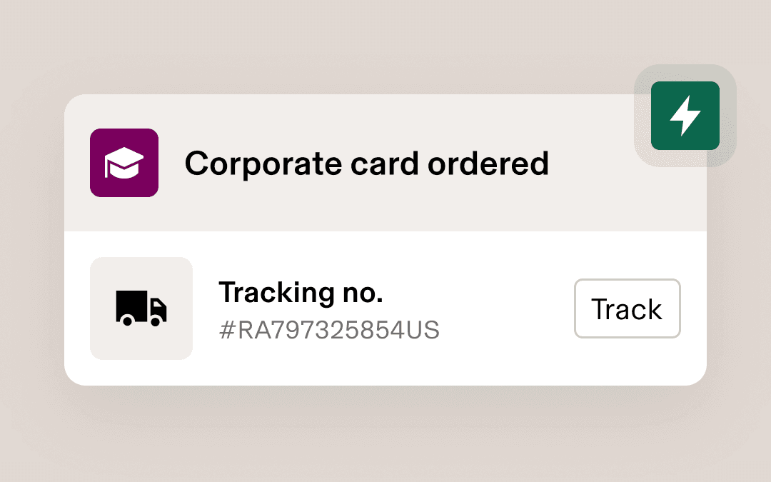 Workflow notification showing “Company card ordered” with tracking number and a track button for shipment status.