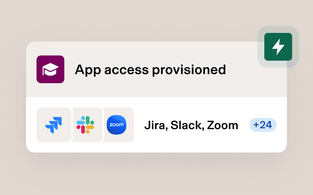 App access notification showing Jira, Slack and Zoom icons with “+24” additional apps provisioned on a purple background.