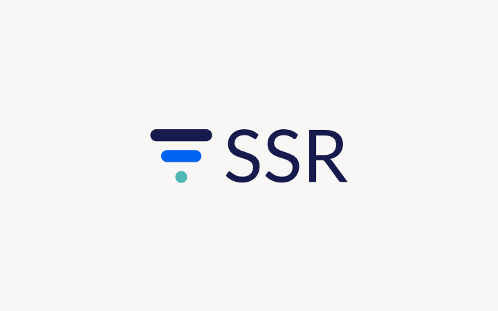 SSR logo with navy blue text and horizontal lines in black, blue, and teal on a light pink background.