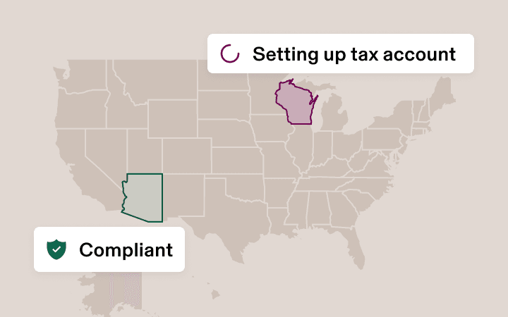 Map of the United States showing two states highlighted. One state in the Midwest is marked with an orange outline and labelled “Setting up tax account”. Another state in the Southwest is marked with a teal outline and labelled “Compliant”.