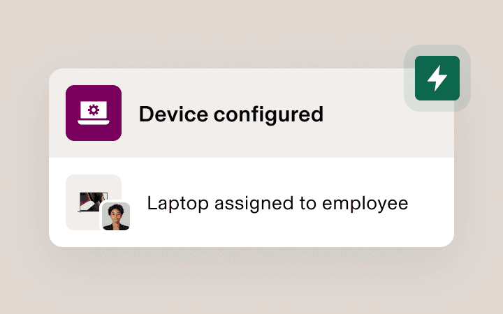 Device configuration notification showing “Device configured” and “Laptop assigned to employee” with purple laptop icon.