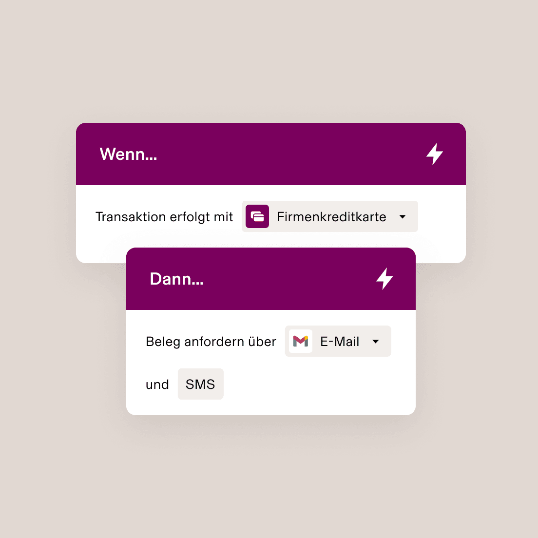 Automation interface showing "If transaction is made with Corporate card, Then request receipt via Email and SMS" workflow.